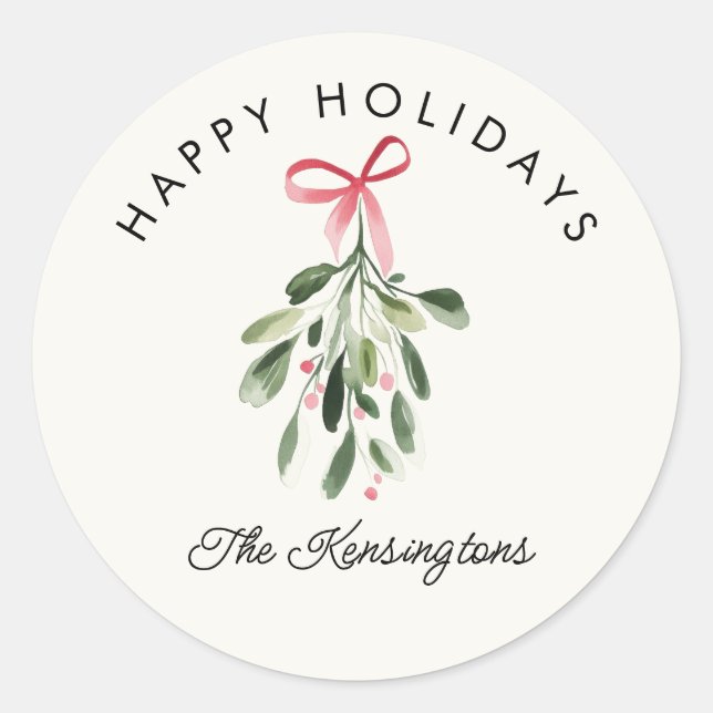 Happy Holidays Mistletoe Custom Family Name Classic Round Sticker (Front)