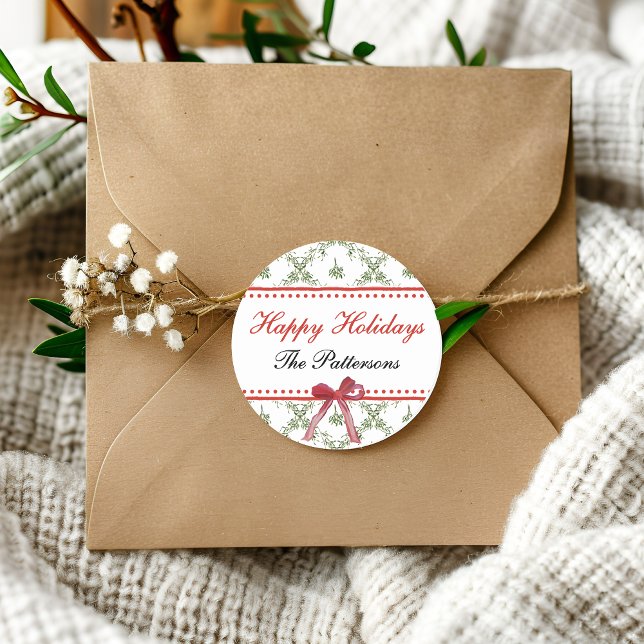 Happy Holidays Mistletoe Red Bow Custom Christmas Classic Round Sticker (Creator Uploaded)