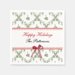 Happy Holidays Mistletoe Red Bow Custom Christmas Napkin