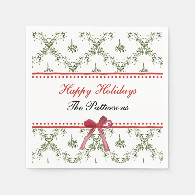 Happy Holidays Mistletoe Red Bow Custom Christmas Napkin (Front)