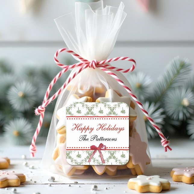 Happy Holidays Mistletoe Red Bow Custom Christmas Square Sticker (Creator Uploaded)