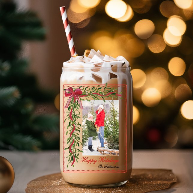 Happy Holidays Mistletoe Red Bow Family Photo Can Glass (Creator Uploaded)