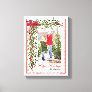 Happy Holidays Mistletoe Red Bow Family Photo  Canvas Print
