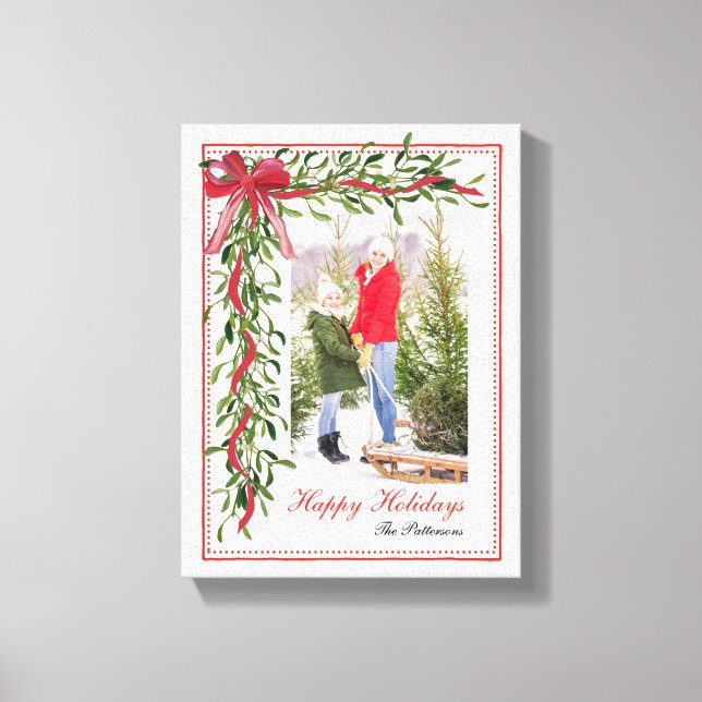 Happy Holidays Mistletoe Red Bow Family Photo  Canvas Print (Front)