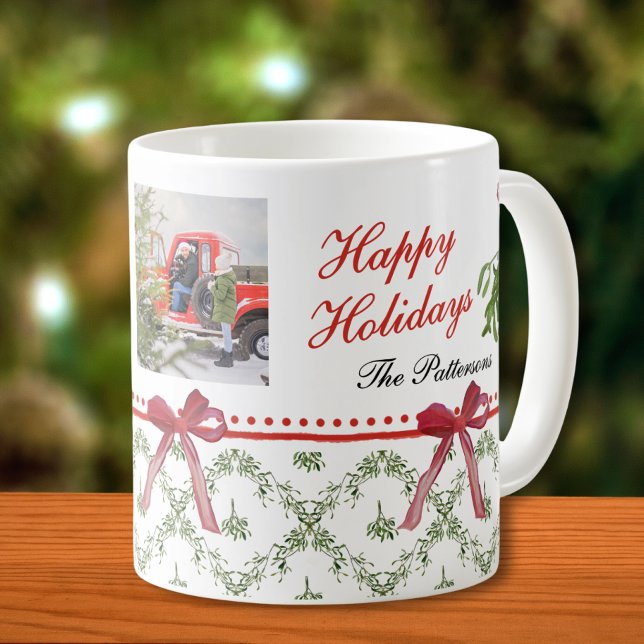 Happy Holidays Mistletoe Red Bow Family Photo  Coffee Mug (Creator Uploaded)