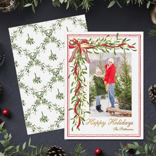 Happy Holidays Mistletoe Red Bow Family Photo Foil Holiday Card