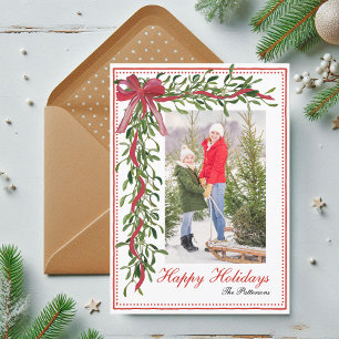 Happy Holidays Mistletoe Red Bow Family Photo Holiday Card
