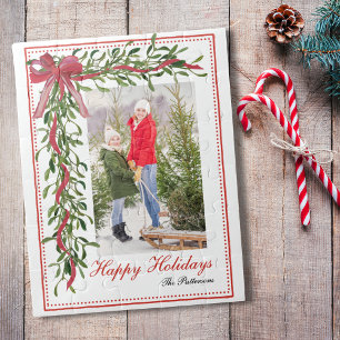 Happy Holidays Mistletoe Red Bow Family Photo Jigsaw Puzzle