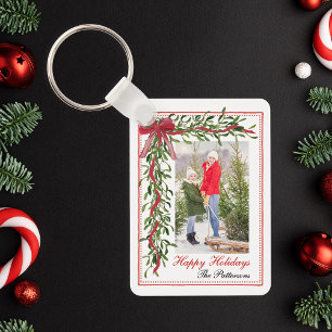 Happy Holidays Mistletoe Red Bow Family Photo Key Ring