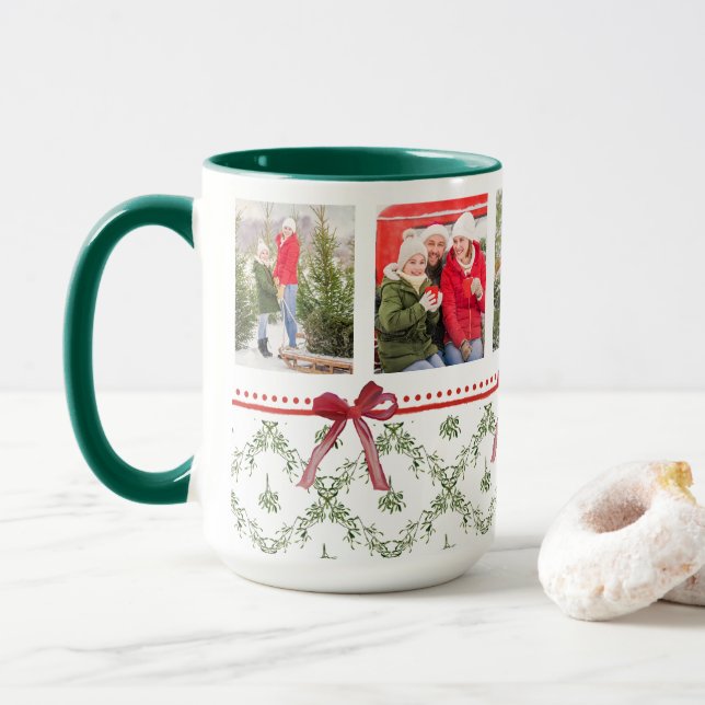 Happy Holidays Mistletoe Red Bow Family Photo  Mug (With Donut)