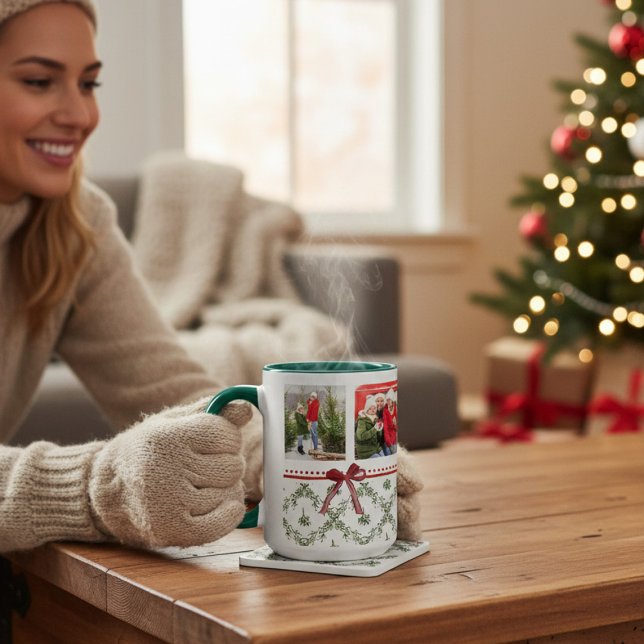 Happy Holidays Mistletoe Red Bow Family Photo  Mug (Creator Uploaded)