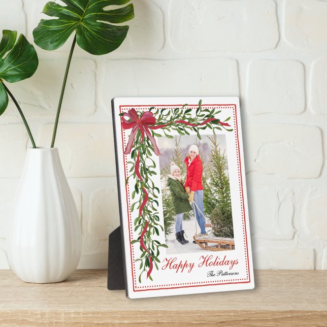 Happy Holidays Mistletoe Red Bow Family Photo Plaque (Creator Uploaded)
