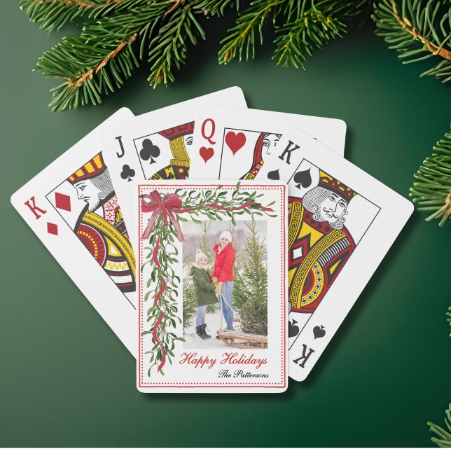 Happy Holidays Mistletoe Red Bow Family Photo Playing Cards (Creator Uploaded)