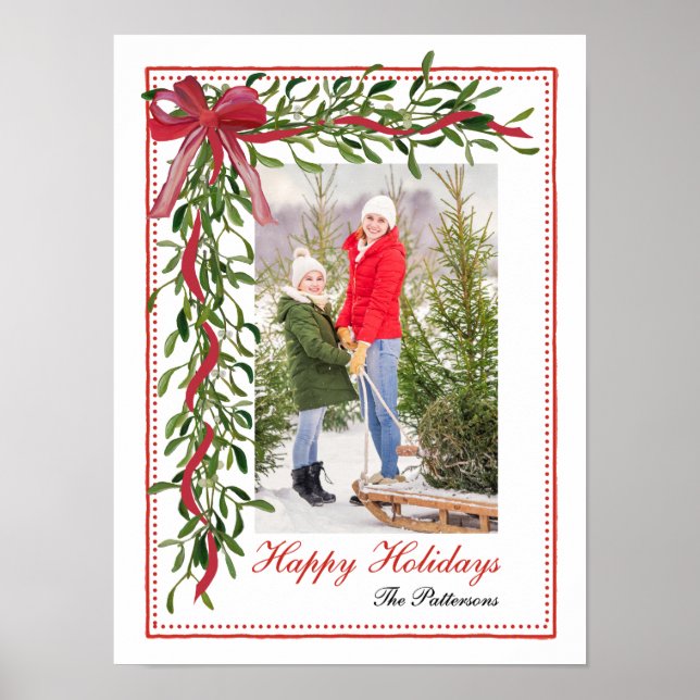 Happy Holidays Mistletoe Red Bow Family Photo Poster (Front)
