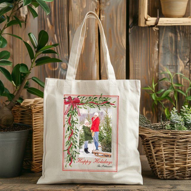 Happy Holidays Mistletoe Red Bow Family Photo Tote Bag (Creator Uploaded)