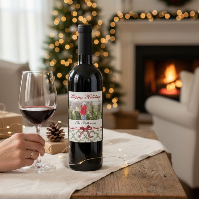 Happy Holidays Mistletoe Red Bow Family Photo Wine Label (Creator Uploaded)