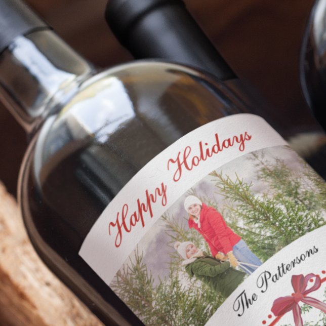 Happy Holidays Mistletoe Red Bow Family Photo Wine Label (Creator Uploaded)