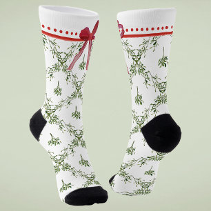Happy Holidays Mistletoe Red Bow Socks