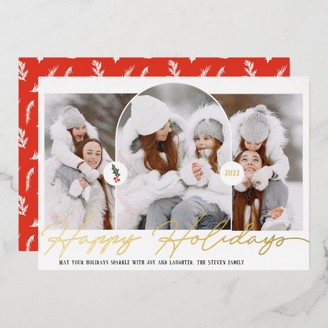 Happy holidays modern arch 3 photos red script foil holiday card (Front/Back)