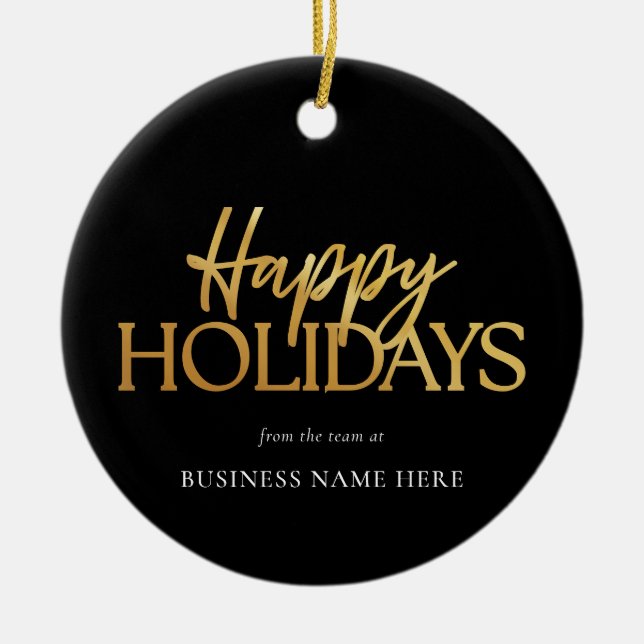 Happy Holidays Modern Black Gold Business Ceramic Tree Decoration (Front)