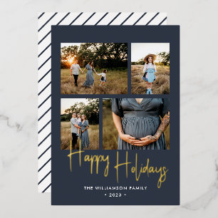 Happy Holidays Modern Blue Photo Collage Gold Foil Holiday Card