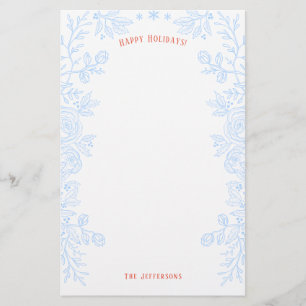 Happy Holidays Modern Blue Red Floral Outline Stationery