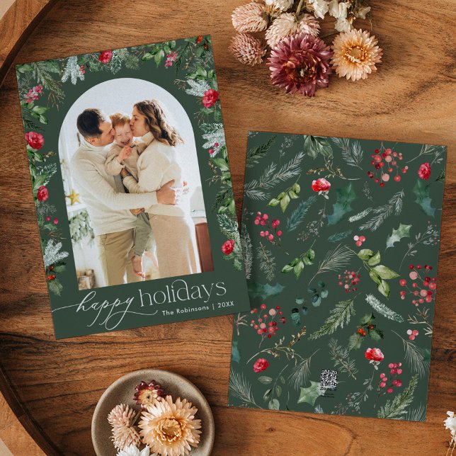 Happy Holidays Modern Botanical Arch 1 Photo Holiday Card (Creator Uploaded)