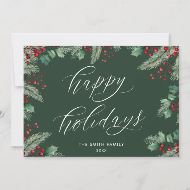 Happy Holidays Modern Botanical Floral Non-Photo Holiday Card (Front)