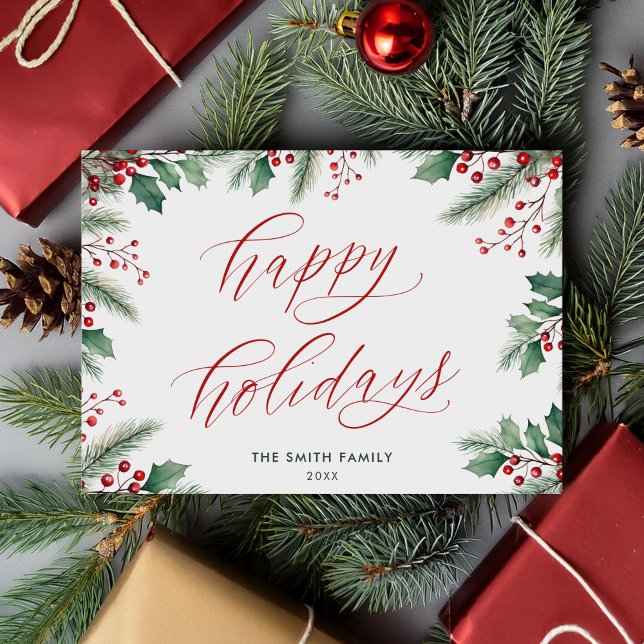 Happy Holidays Modern Botanical Floral Non-Photo Holiday Card (Creator Uploaded)