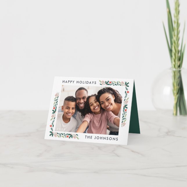 Happy Holidays Modern Botanical Foliage Photo Card (Front)