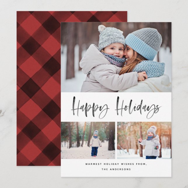 Happy Holidays Modern Brush Script Collage 3 Photo Holiday Card (Front/Back)