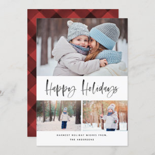 Happy Holidays Modern Brush Script Collage 3 Photo Holiday Card