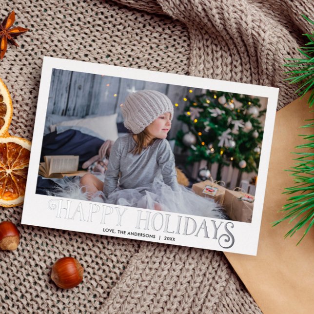 Happy Holidays Modern Calligraphy one photo Foil Holiday Card (Creator Uploaded)