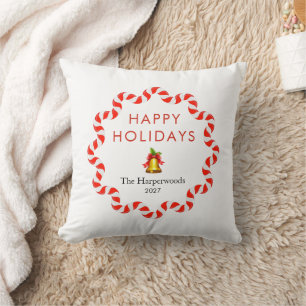 Happy Holidays Modern Candy Cane Christmas Family Cushion