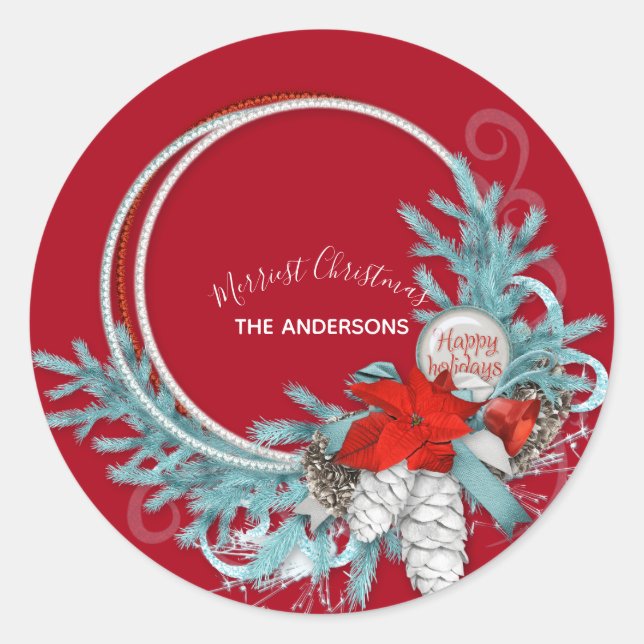 Happy Holidays Modern Chic Red Pine Wreath Classic Round Sticker (Front)