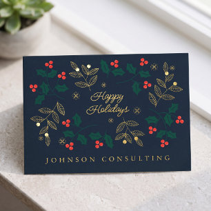 Happy Holidays Modern Christmas Holly Berries Foil Holiday Postcard