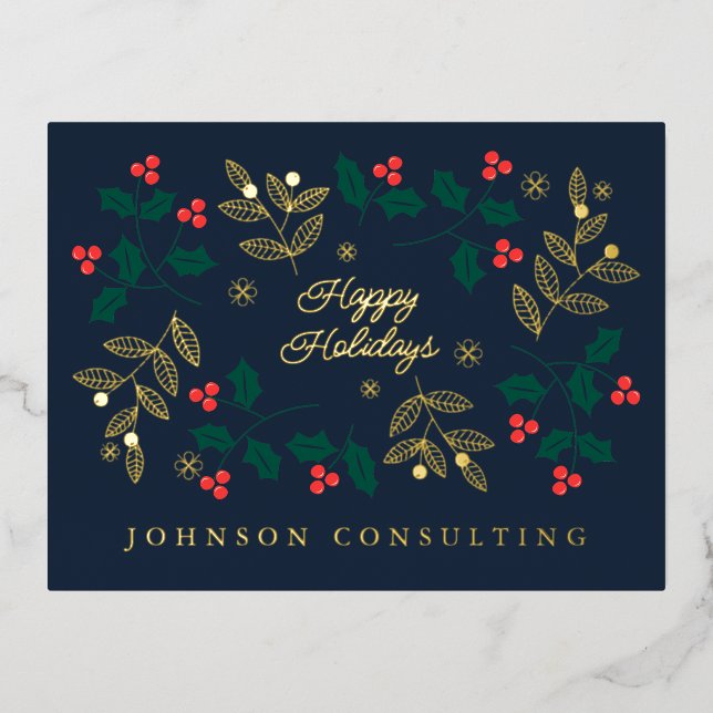 Happy Holidays Modern Christmas Holly Berries Foil Holiday Postcard (Front)