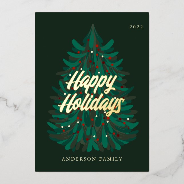 Happy Holidays Modern Elegant Christmas Tree Foil Holiday Card (Front)