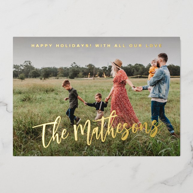 Happy Holidays Modern Family Photo Custom Foil Holiday Card (Front)