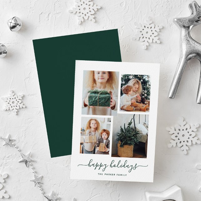 Happy Holidays | Modern Four Photo Collage Holiday Card (A modern photo collage for your holiday greetings)