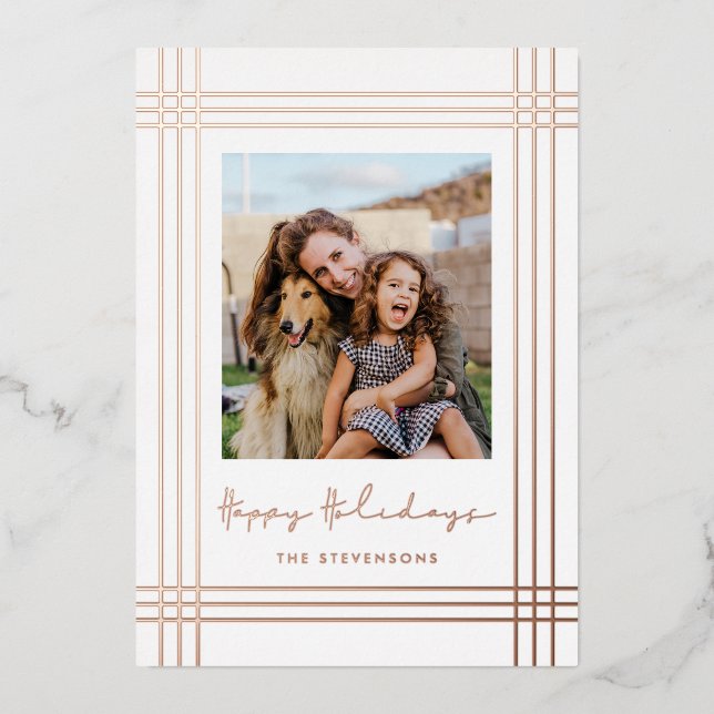 Happy Holidays Modern Frame Photo Foil Holiday Card (Front)