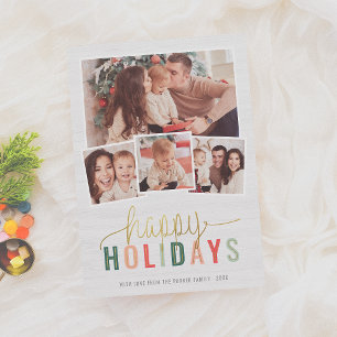 Happy Holidays Modern Gold Script 4 Photo Collage Holiday Card