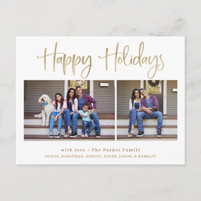 Happy Holidays | Modern Gold Two Photo Holiday Postcard (Front)