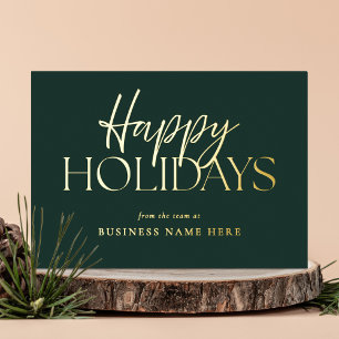 Happy Holidays Modern Green Gold Script Business Foil Holiday Card