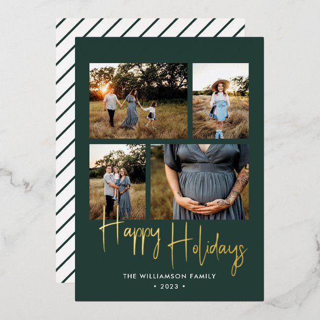 Happy Holidays Modern Green Script 4 Photo Gold Foil Holiday Card (Front/Back)