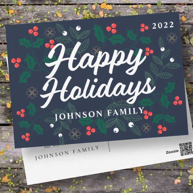 Happy Holidays Modern Holly Berries Foliage Holiday Postcard (Creator Uploaded)
