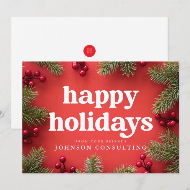 Happy Holidays Modern Holly Berry Pine Needles Red Announcement (Front/Back)