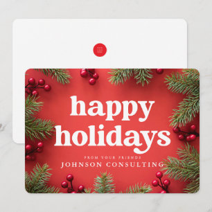 Happy Holidays Modern Holly Berry Pine Needles Red Holiday Card