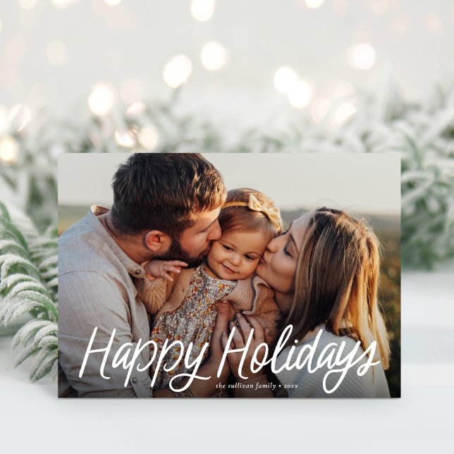 Happy Holidays Modern Lettering Simple One Photo Holiday Card (Creator Uploaded)