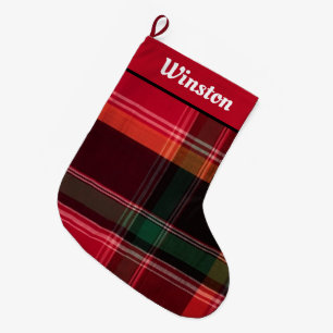 Happy Holidays Modern Madras Plaid Personalise Large Christmas Stocking